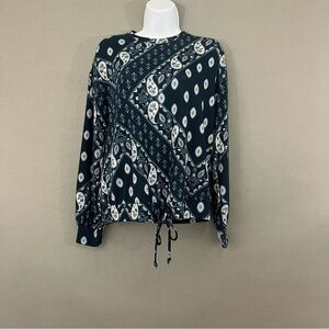 Como Vintage Blue Paisley Long Sleeve Tie Hem Top